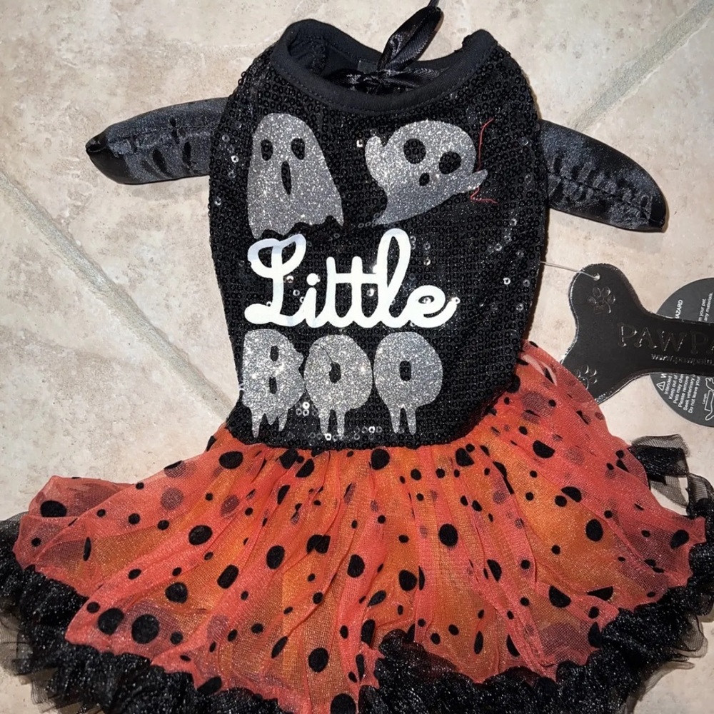 Pawpatu Dog Cat Ghost Halloween Little Boo tutu Ruffle Dress Sequin Ballerina